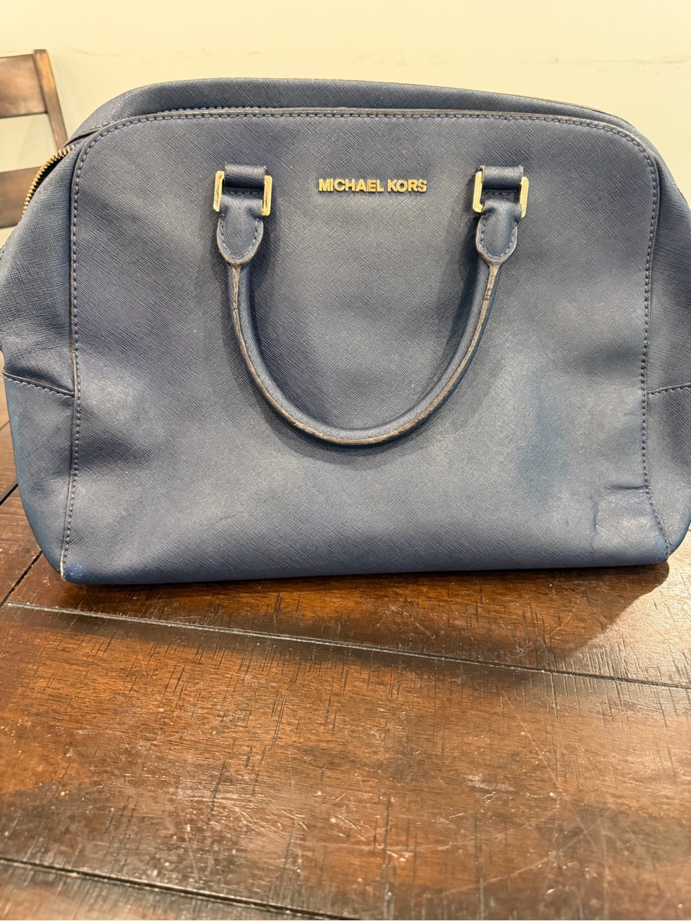 Michael Kors Navy Saffiano Dome Satchel with Gold Hardware